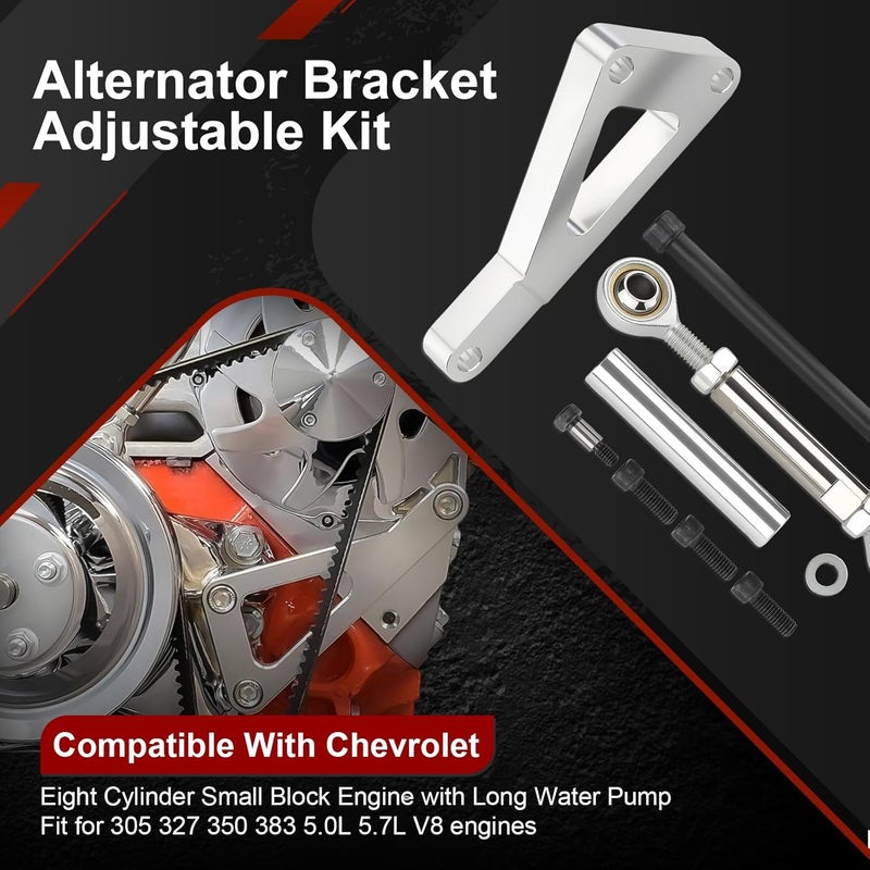 ISINLASSO Adjustable Alternator Bracket Kit Compatible with Chevy SBC 305 327 350 383 5.0L 5.7L V8 1962-2002 with Long Water Pump V-Belt System–Aluminum Alternator Mounting Bracket for Small Block Chevy - Image 2